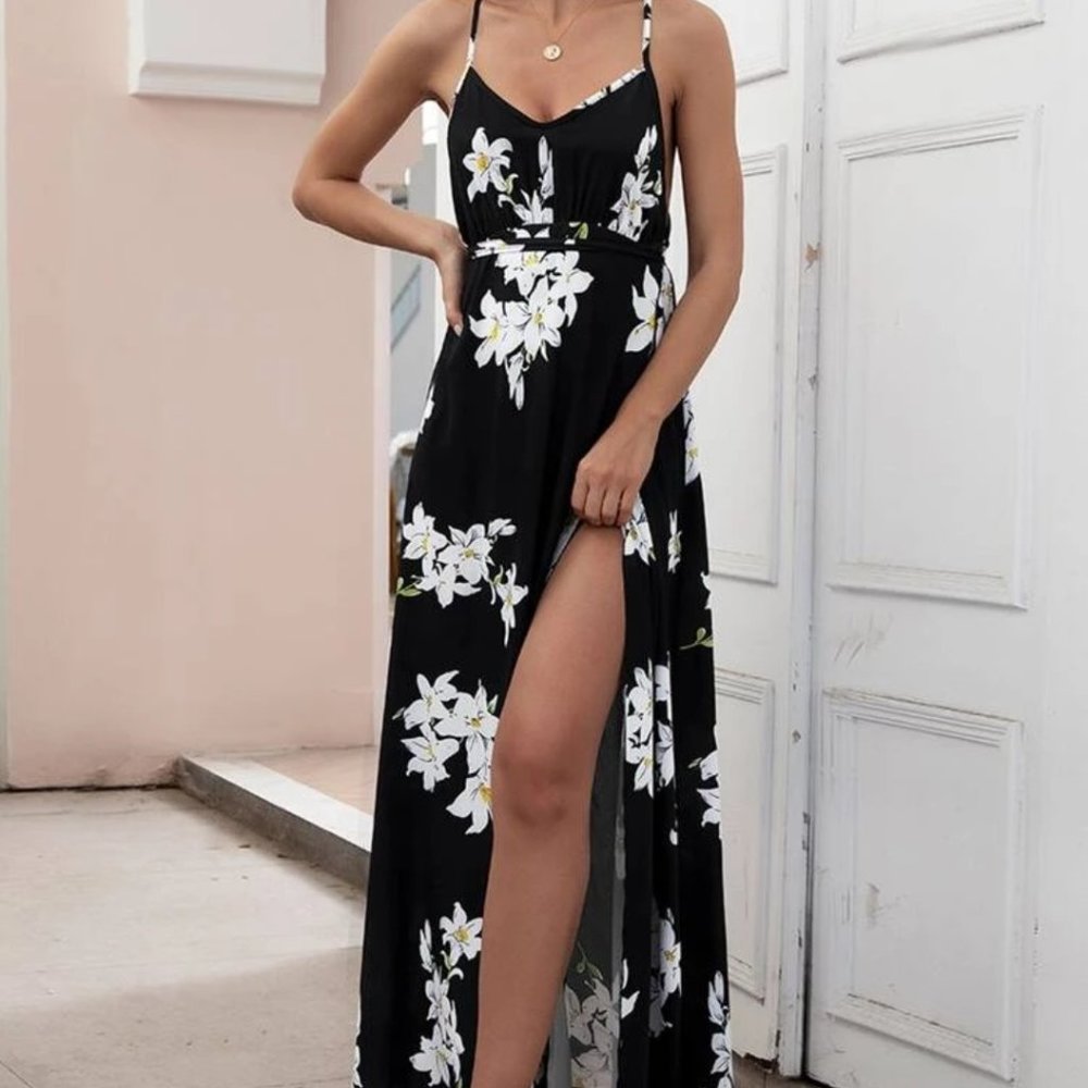 Shein Hawaiian Print Long Backless Dress